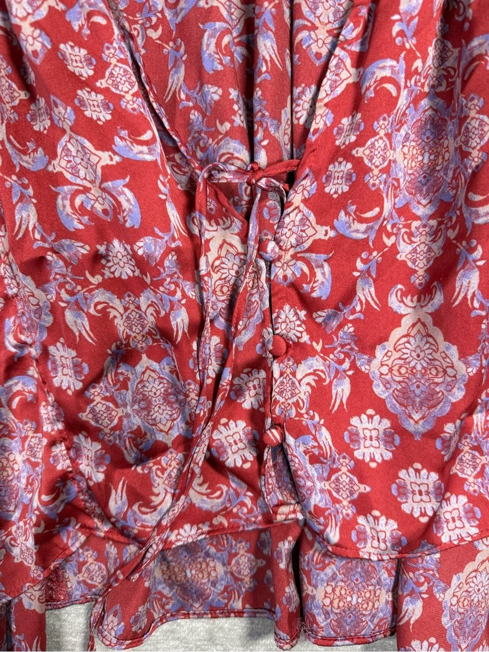 Free People Red Boho Floral Kimono Sleeve Tie Front Crop Blouse Women’s XS